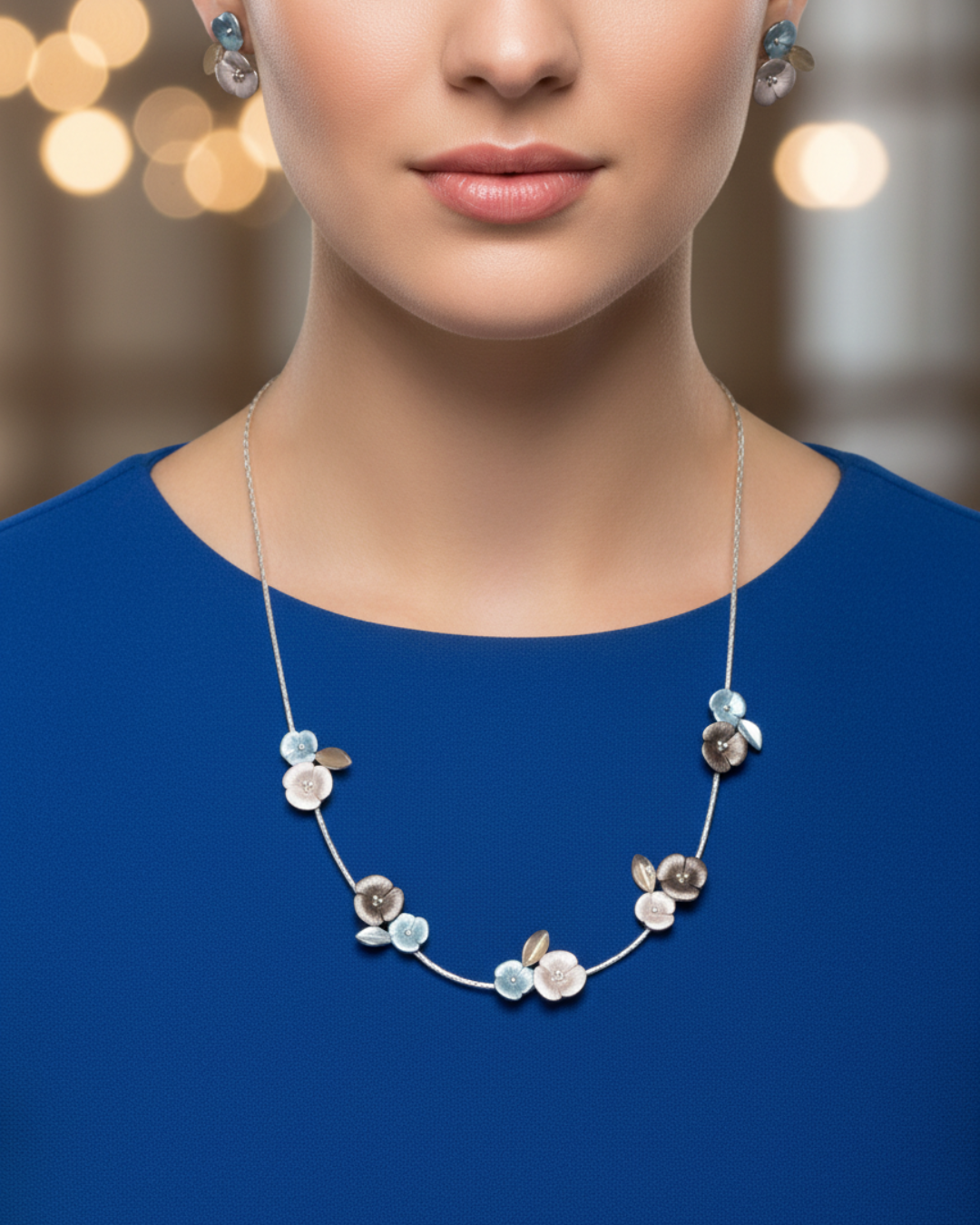 Blue Blossom Silver Floral Necklace Set