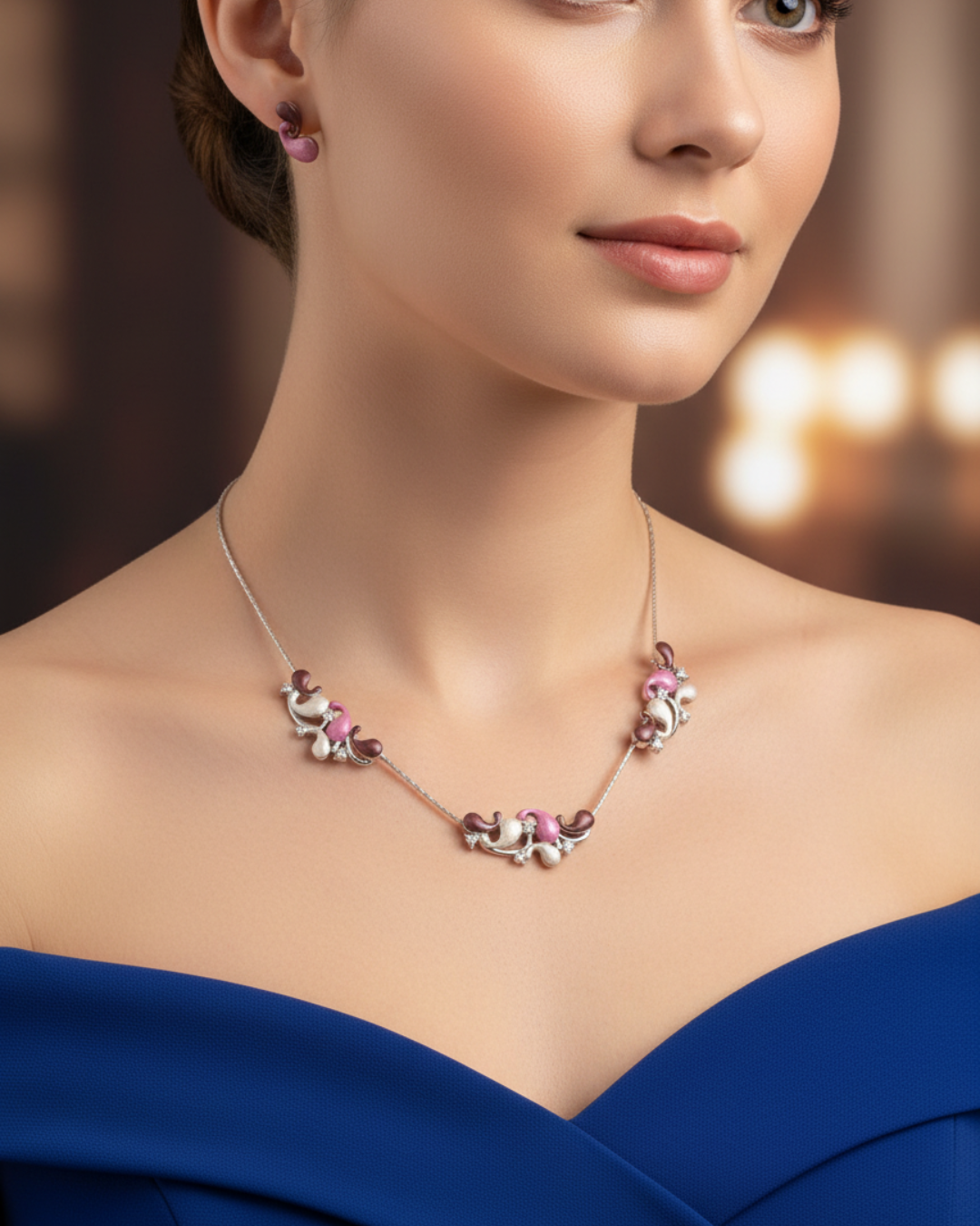 Pink Orchid Silver Necklace Set