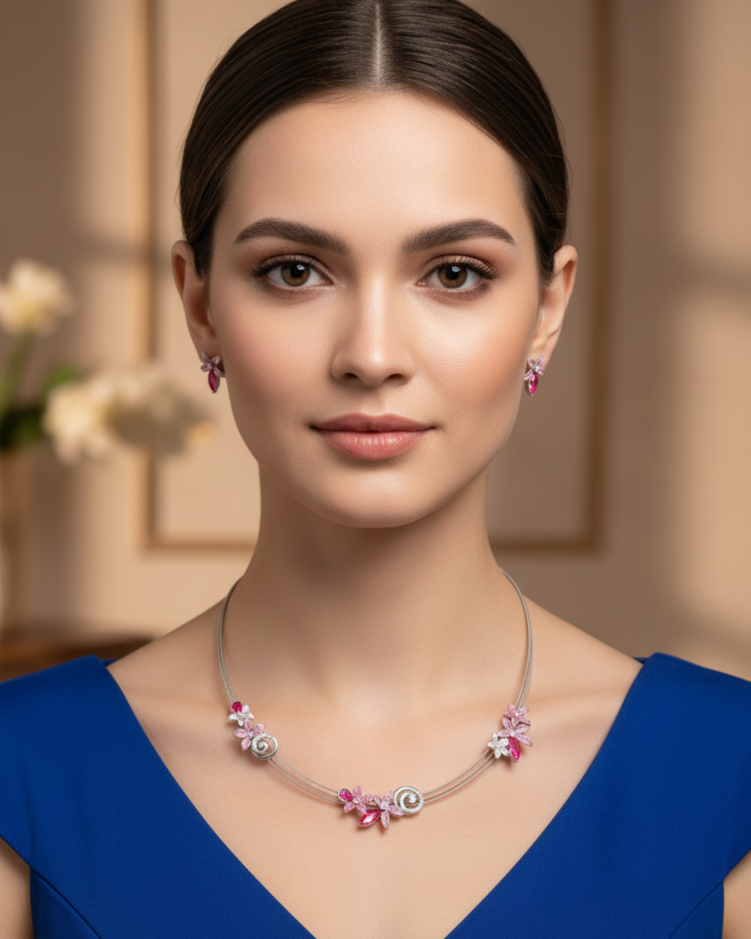 Pink Petal Twist Silver Necklace Set