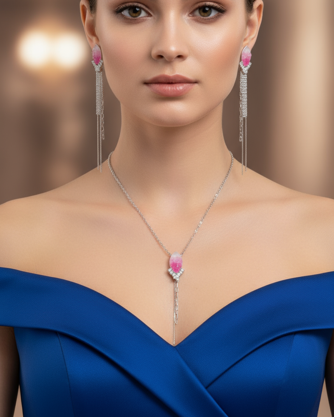 Rose Crystal Drop Necklace Set