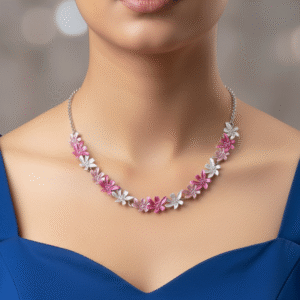 Pink Daisy Charm Silver Necklace Set