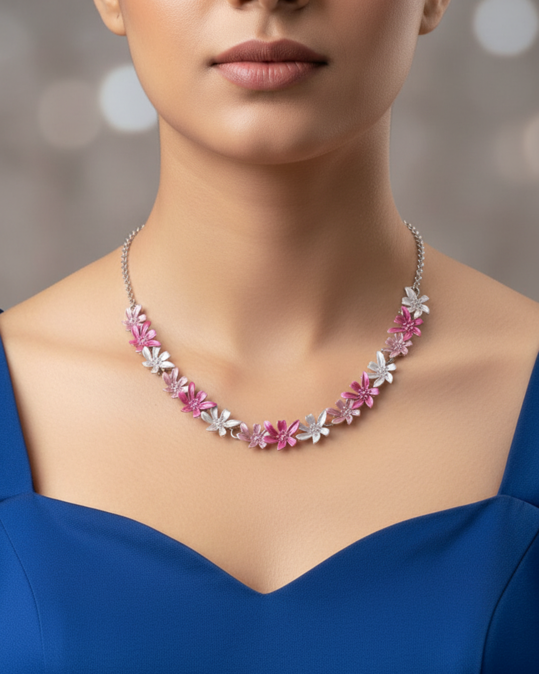 Pink Daisy Charm Silver Necklace Set